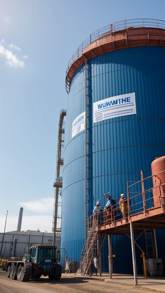 Create an image of landscape photography, huge water tanks in blue color, bright sky, environmental portrait, engineering portrait, worksafe. instagram photo, people at work, water industries, engineering, corporate photo, industrial photo, look at the details.