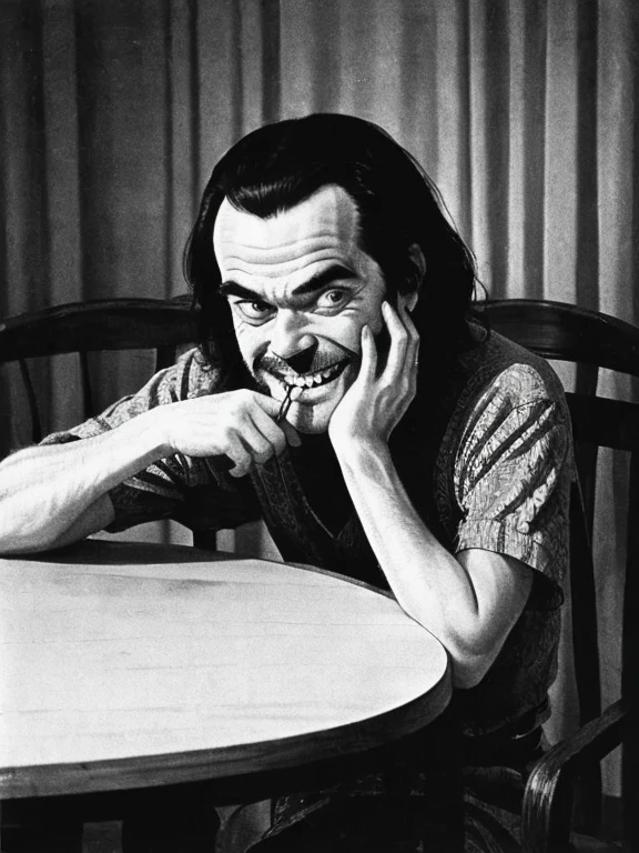 arafed man with his mouth open sitting at a table, the shining, the shining overlook hotel, stanley kubrick the shinning, the shining 1980, self - satisfied smirk, giddy smirk, shining, unsettling grin, choke smirk smile grin, evil smirk, insane smile, jack nicholson