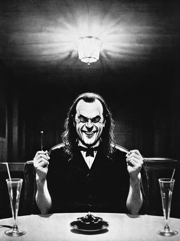 arafed man with his mouth open sitting at a table, the shining, the shining overlook hotel, stanley kubrick the shinning, the shining 1980, self - satisfied smirk, giddy smirk, shining, unsettling grin, choke smirk smile grin, evil smirk, insane smile, jack nicholson