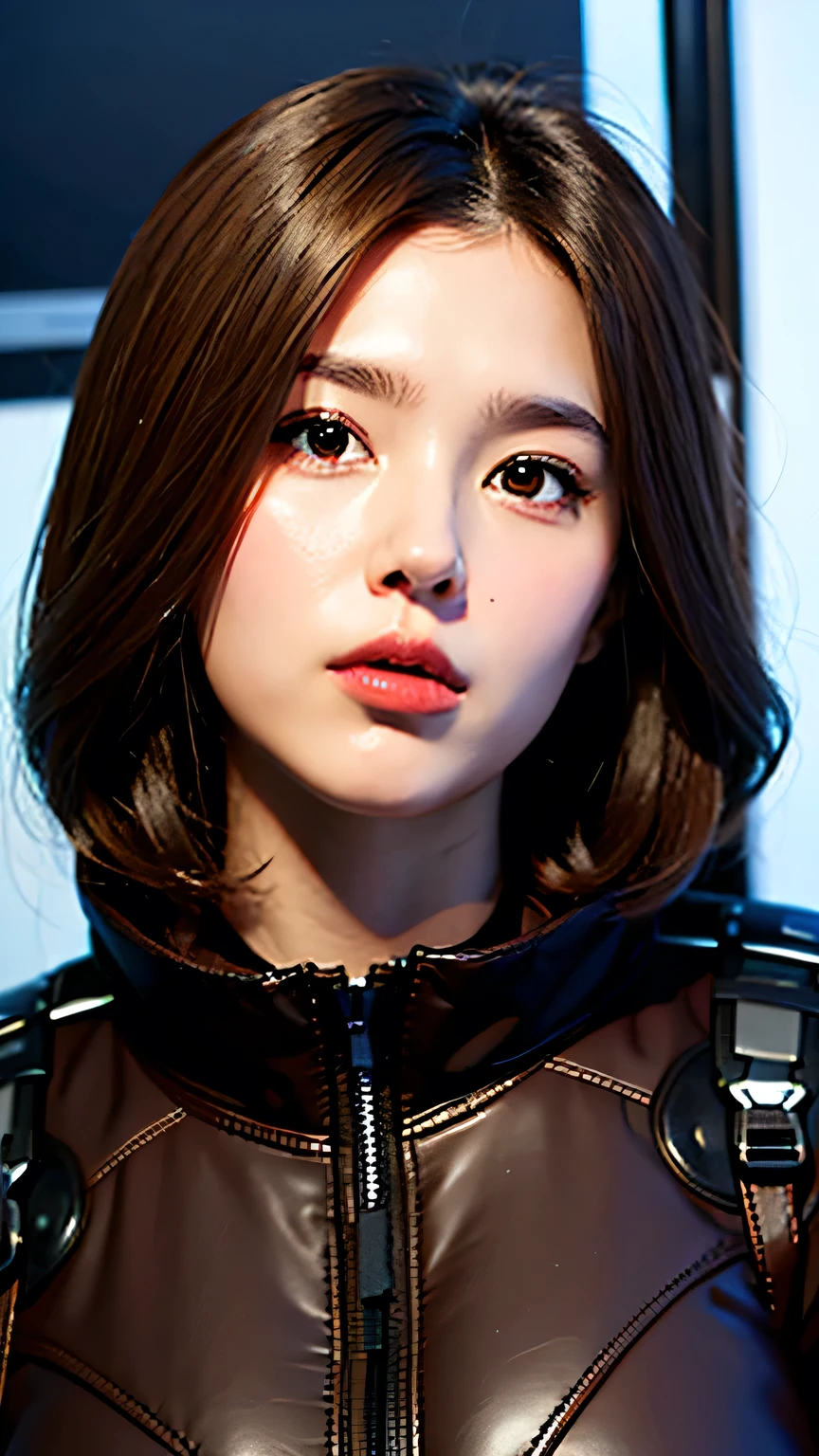 Black pilot suit, near future, short brown hair, Caucasian, brown eyes,