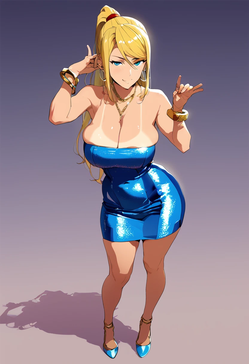 score_9,score_8_up,score_7_up,score_6_up, takeda hiromitsu style,1girl, sole_female, tanned, tanlines, pink bodycon dress, blue bodycon dress, sequins, strapless_dress, mini_dress, micro_dress, shiny_clothes, sheer_clothing confident_pose, standing, intricate_face, intricate_eyes, smile, saggy_breasts, slender_waist, curvy_hips, high_heels, gold_bracelets, chain_necklace, hoop_earrings, dynamic_pose, sexy_face, sultry, curvy, skindentation, skin_tight, short_dress milf, mature_female, thick_hips, horny, cleavage_cutout, hip_vent, Samus_Aran