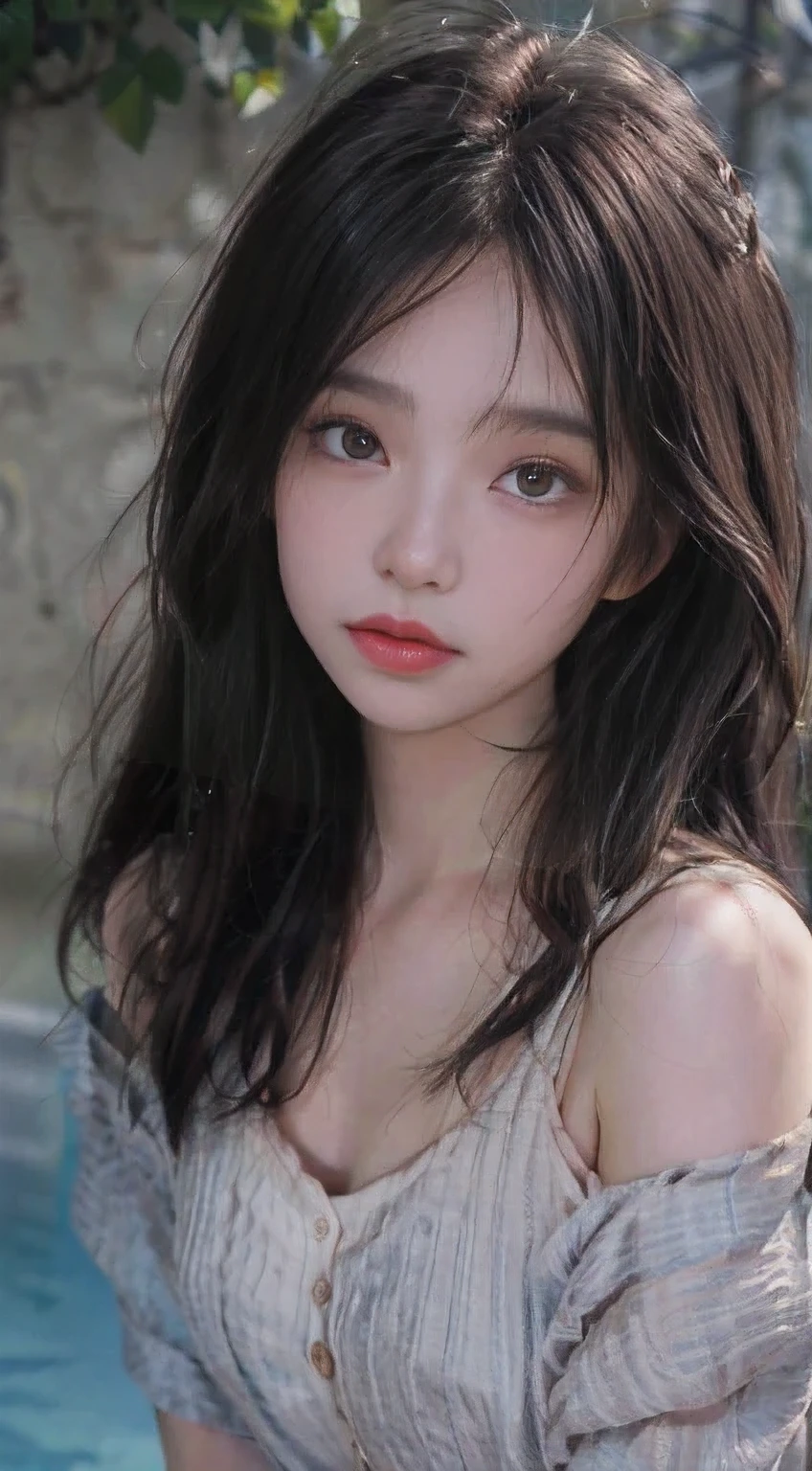 film portrait photography, 1girl, bare shoulders, wavy shoulder-length hair, serene, calm, (realistic detailed eyes, natural skin texture, realistic face details), soft dramatic lighting, depth of field, bokeh, vibrant details, finely detailed, hyperrealistic, 35mm film, hazy blur
