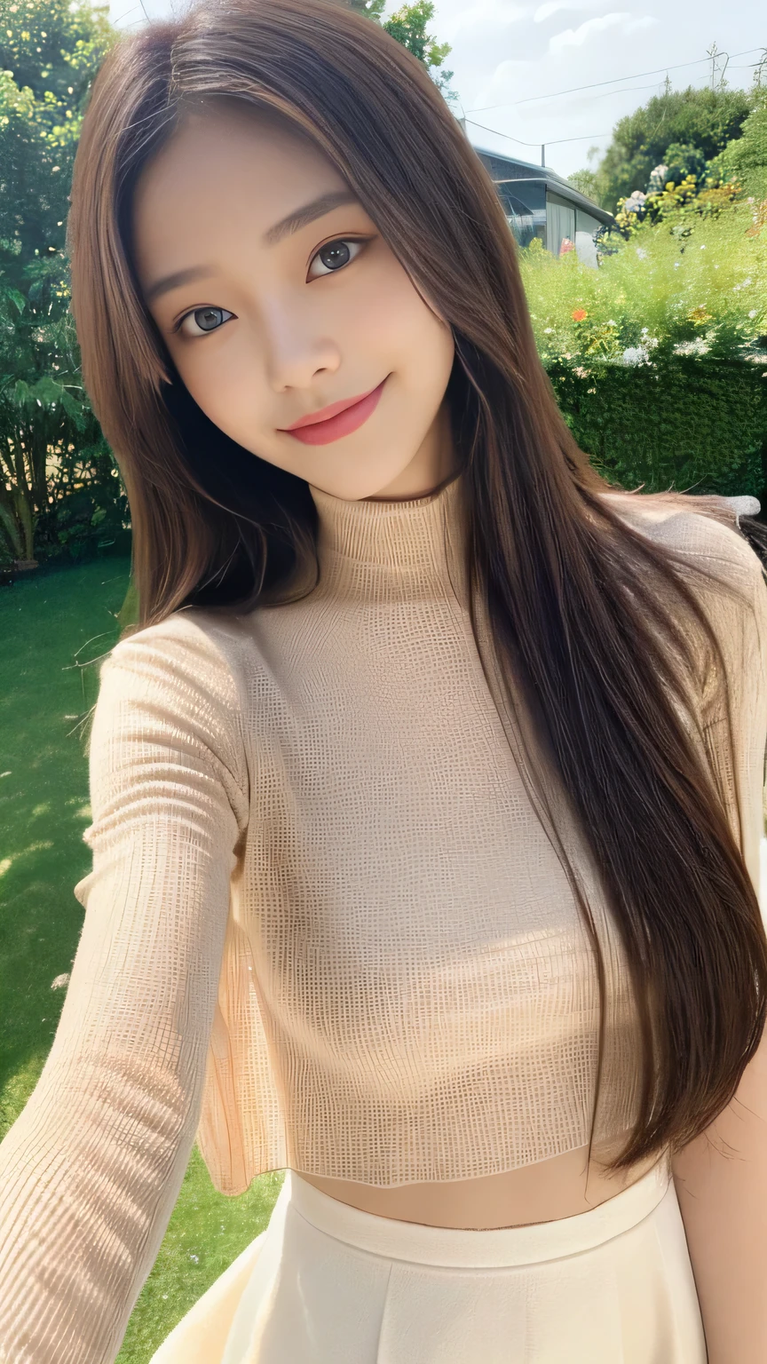 Full body angle、((highest quality, 8K, masterpiece:1.3)), concentrated:1.2, Perfect body beauty:1.4, Hips:1.2, ((Delicate Hair)), (Colorful lettuce cut mock neck see-through top without bra、 :1.1) , ((highest quality、8K、masterpiece:1.3))、1 Girl、A sloppy smile、Esbian all over、Slim face、Big 、Beautiful woman、(Dark Brown Hair)、Long Hair、1.1、Flickering Valley、Detailed eyes、double eyelid、Blurred Background、超Slim face、Looking down、garden、