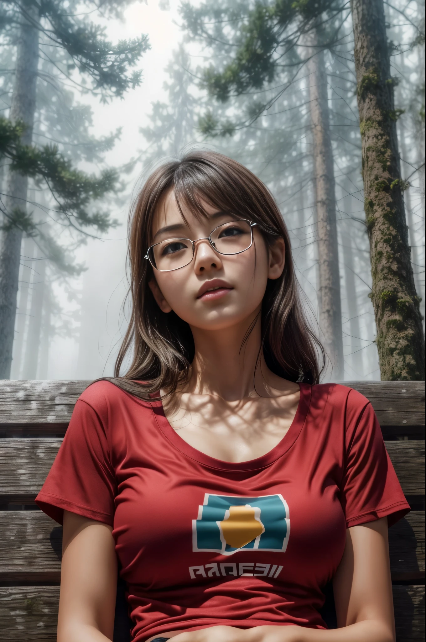 Photorealistic, (half body:1.3, exposed face), low angle, (seen from below:1.3), in frame, a japanese young woman, ((red half t-shirt:1.2, expose underboobs), bottomless:1.3), a hyperrealistic beautiful young girls with grayish blue eyes in glasses, natural droopy breast, high detailed official artwork, beautiful girls with slim fit body and busty posture, long legs, attractive young woman, (sitting with atractive poses:1.3, crossed arm hug the breast up), at bench in the (natural foggy forest:1.2), surrounded by snow, natural background, dubnitskiy david fanart, realistic portrait, smooth photorealistic, perfect visual of a cute girls, cute girls with skinice soft face, face focus, makoto shinkai and artgerm, photon mapping, natural light, warm color tones, vivid colors, cool ambient, foggy atmosphere