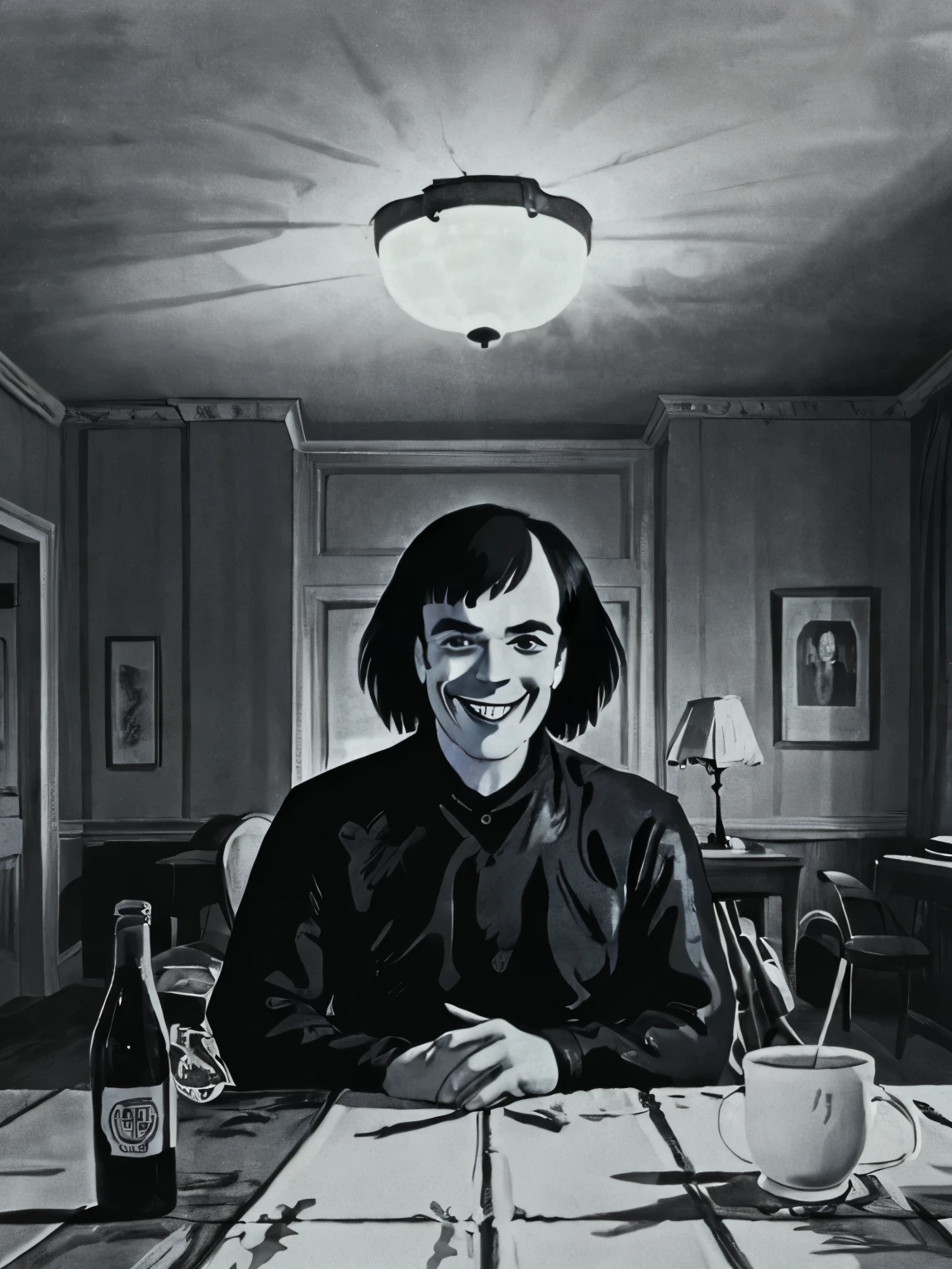 arafed man with his mouth open sitting at a table, the shining, the shining overlook hotel, stanley kubrick the shinning, the shining 1980, self - satisfied smirk, giddy smirk, shining, unsettling grin, choke smirk smile grin, evil smirk, insane smile, jack nicholson