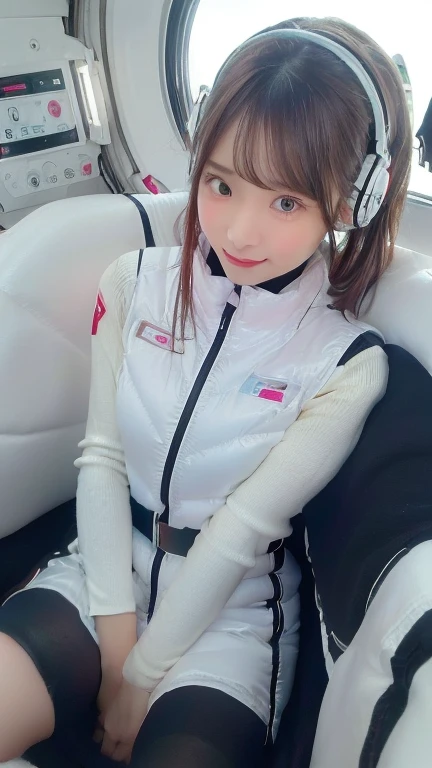 (masterpiece:1.5)、(Realistic:1.5)、(highest quality:1.4、8k、RAW Photos）、
Ultra-high resolution、Professional Lighting、Perfect dynamic composition、Photographed indoors、
Film Grain、chromatic aberration、(Bokeh:1.1)、
Frank、Sophisticated、charm、Ultra-realistic、Attention to detail、Golden Ratio、
(1 girl)、Slender girl、Delicate and charming girl、Cute Woman:1.4、
Serious expression、Looking at the audience、Sculptural installation、Sit on the sofa and relax、
Light brown hair、Shiny Hair、Hairstyle: Ponytail、
real skin、
Shut your mouth.、Beautiful Eyes、double eyelid、Thin arms、、
、Show off your thighs,(astrovest):5,(shiny white log downvest):3,BREAK ((Detailed face, Professional photography)), ((NSFW, zettai ryouiki, 1 girl)), Ultra-high resolution, (Realistic: 1.4), RAW Photos, highest quality, (PhotoRealistic Stick), concentrated, Soft Light, ((30 years old)), ((Japanese)), (( (Young Face))), (surface), (Depth of written boundary), masterpiece, (Realistic),(inside ISS):3, woman, ,astrovest:2,headphone:2,smartwatch,,bangs, ((1 girl)),(black sleeves):2,(black tights):2,inside spacestation,inside spacecraft,,zero gravity,smile,open leg,blush:1.5,hidden hands,neotech