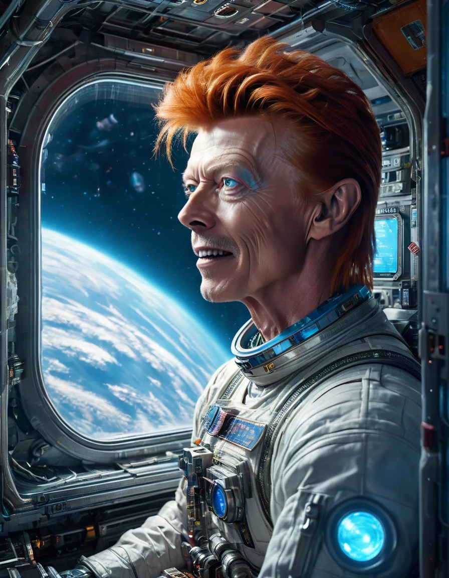 Masterpiece Digital art of David Bowie as Major Tom an astronaut inside a brand new cyberpunk space station (looking at blue Earth:1.2), talking to his friend, happy face, smile on his face, light laughter, detailed face, detailed eyes, detailed exicted expression, (side view:1.2), insanely detailed and intricate, cinematic art by greg rutkowski, directional lighting from the space station window