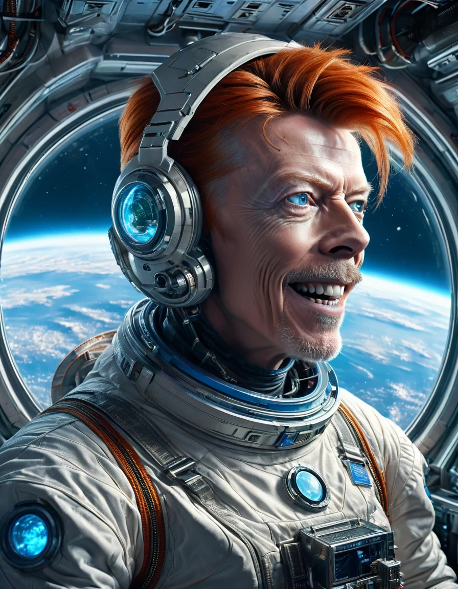 Masterpiece Digital art of David Bowie as Major Tom an astronaut inside a brand new cyberpunk space station (looking at blue Earth:1.2), talking to his friend, happy face, smile on his face, light laughter, detailed face, detailed eyes, detailed exicted expression, (side view:1.2), insanely detailed and intricate, cinematic art by greg rutkowski, directional lighting from the space station window