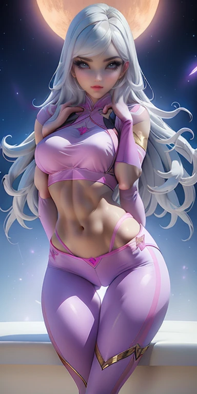 1 girl, Gray Hair, Iris, Shining Eyes, Baby pink sports bra, baby pink leggings, Beautiful smile、Realistic, blush, night, Flowers, sun, sunlight, masterpiece, 最high quality, high quality, High quality beautiful breasts, Long legs, Thighs, Slim figure, baby pink Heel, Heel