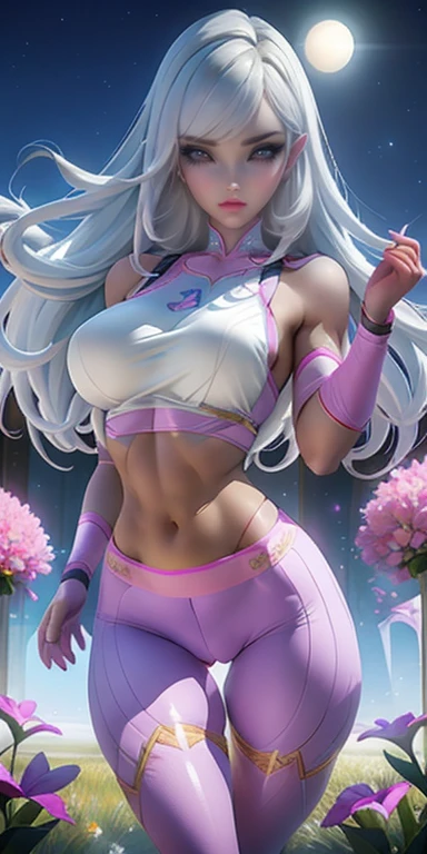 1 girl, Gray Hair, Iris, Shining Eyes, Baby pink sports bra, baby pink leggings, Beautiful smile､Realistic, blush, night, Flowers, sun, sunlight, masterpiece, 最high quality, high quality, High quality beautiful breasts, Long legs, Thighs, Slim figure, baby pink Heel, Heel 