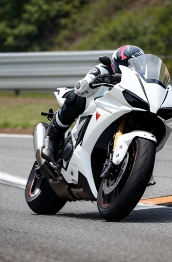 best quality, detailed, beautiful, insanely detailed, absurdres,perfect anatomy, racer replica motorcycles speeding down the highway, white rider suit, Japanese female,black hair,27 years old, (slender), (small breasts),(super fucking beautiful),low angle shot, dynamic angle