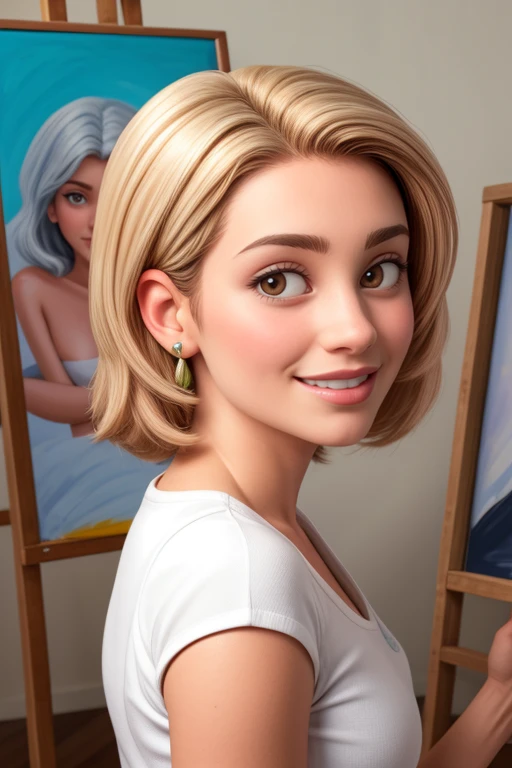 Uma mulher de 30anos, cabelos castanhos claro , Rosto redondo, sorriso encantador, boca carnuda , pintando quadro ,Paint studio , paints and brushes
