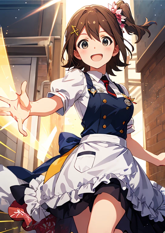 Mirai Kasuga, (highest quality, 8k, masterpiece, Very detailed:1.2), (Lens flare, Particles of light, Shine), Big Breasts, smile, Open your mouth, masterpiece, highest quality, Very detailed, High resolution, Very detailedなCG, (Official Art), apron , (Spread your legs),Lift your legs, (Embarrassing:1.1), (blush:1.2), Open your mouth, (shout:1.1), (Moving lines:1.1)