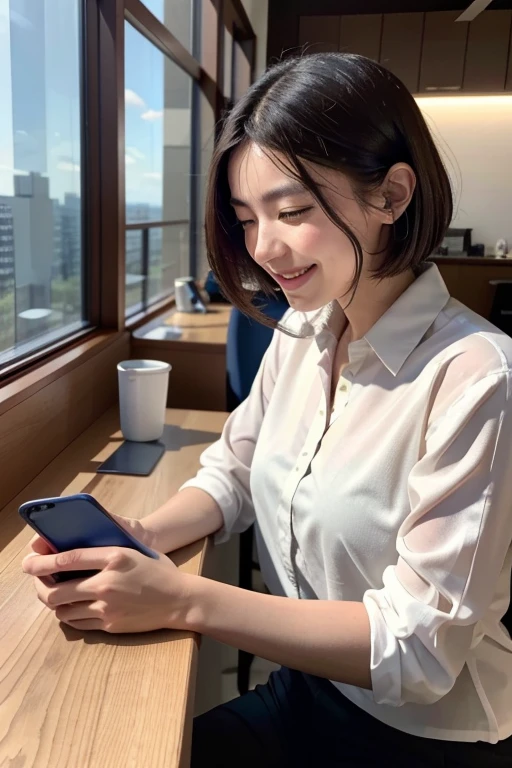 A smiling person checks his phone at his workplace. The Nómina Inbursa logo and a graph that represents a performance of 80% are displayed on the phone screen.% CETES.