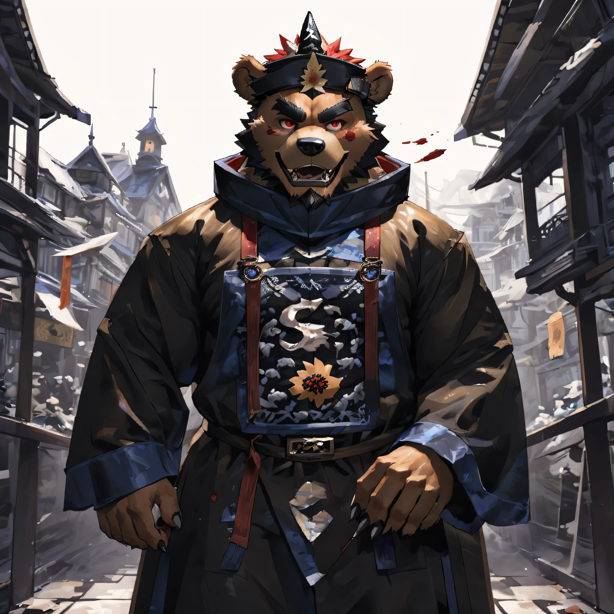 human nature, cannon, male, solitary, ((Round Face, thick beard)), ((Handsome)), (jiangshicostume:1.8), ((Brown Bear) Fluffy fur, Fluffy)，blood-red eyes, fangs, razor-sharpteeth, long fingernails, nail polish,open mouth,high quality，Bokeh, (high quality, high resolution, masterpiece), Front view (close up),by lindong，