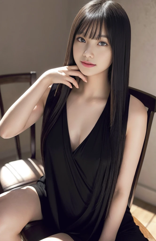 (A hyper-realistic)、(illustratio)、(hight resolution)、(8K)、(ighly detailed)、(Best Illustration)、(beautifully detailed eyes)、(top-quality)、(ultra-detailliert)、(masterpiece)、(wall-paper)、(A detailed face)、solo、1 girl in、looking at viewert、fine detailed、A detailed face、in the darkness nigth、deep-shadows、lowkey、pureerosfaceace_v1、A smile、long、Black shawl straight hair、46-point diagonal bangs、White See-Through Halter Neck Bondage 、Wet hair、Wet skin、Navel Ejection、Back、Skin shearing machine、Hair spreads、See-through stole on shoulder、Semi-long hair.all-fours、Open your mouth、put out the tongue、sit a chair、Cross your legs