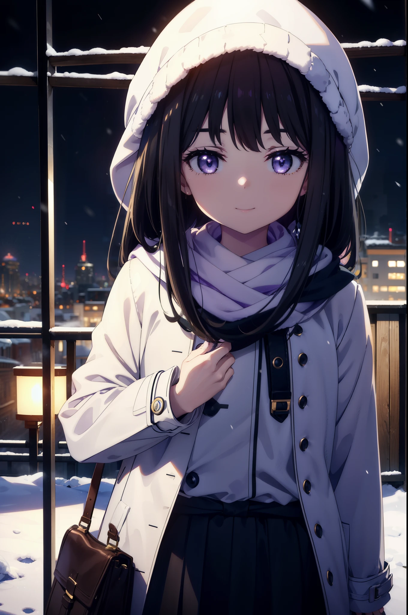 Takiuchi, Inoue Check, Long Hair, bangs, Black Hair, (Purple eyes:1.2),happy smile, smile, Open your mouth,White knit hat,Blue oversized coat,White scarf,White Sweater,Put your hands in your coat pockets,Long skirt,Black pantyhose,short boots,Shirogane World,Snow is piling up,Snow is falling,it&#39;s snowing,winter,Cold Sky,morning,morning陽,The sun is rising,
break looking at viewer, whole body, Upper Body,(Cowboy Shot:1. 5)
break outdoors, In town,Building district,
break (masterpiece:1.2), highest qualそれy, High resolution, unそれy 8k wallpaper, (shape:0.8), (Beautiful and beautiful eyes:1.6), Highly detailed face, Perfect lighting, Highly detailed CG, (Perfect hands, Perfect Anatomy),