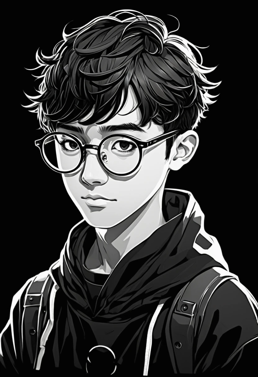 Personagem de anime, de oculos e moletom preto, estilo nerd, obra de arte.