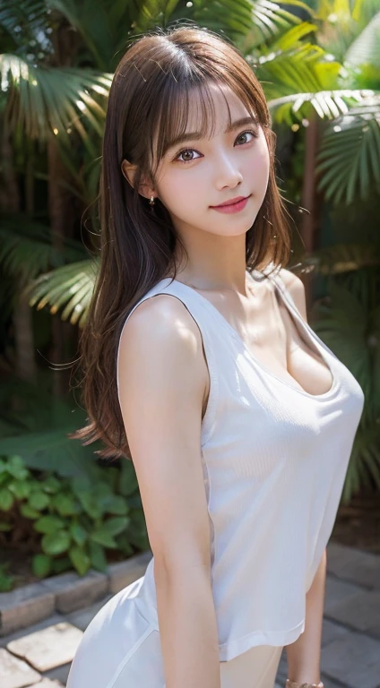 An innocent 20-year-old girl、((White tank top, Dramatic Pose)),smile,shortcut,natural Park、RAW Photos, (8k、highest quality、masterpiece:1.2)、(Intricate details:1.4)、(Photorealistic:1.4)、Octane Rendering、Complex 3D rendering with ultra-detail, Studio Soft Light, Rim Light, Vivid details, Super Detail, Realistic skin texture, Detailed aspect, Beautiful details in the eyes, Highly detailed CG Unity 16k wallpaper, compensate, (Detailed Background:1.2), Glowing Skin, whole body、Cleavage,((Standing with hands behind back、Leaning forward、Angle from above))