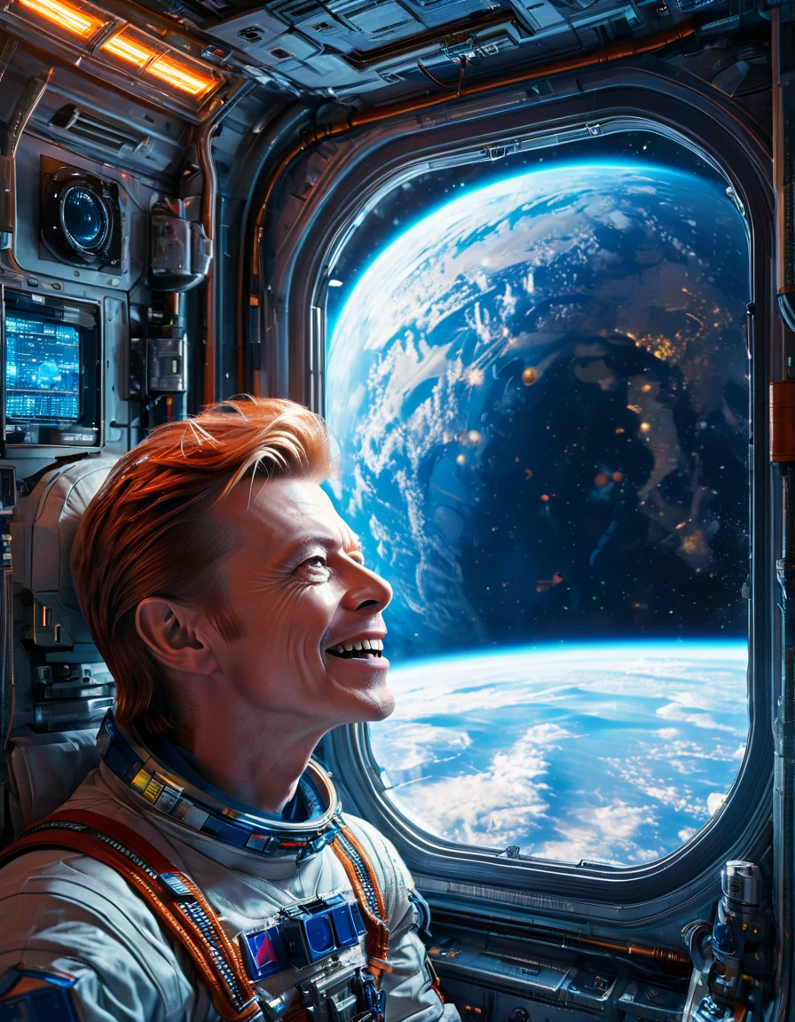 Masterpiece Digital art of David Bowie as Major Tom an astronaut inside a brand new cyberpunk space station (looking at blue Earth:1.2), talking to his friend, happy face, smile on his face, light laughter, detailed face, detailed eyes, detailed exicted expression, (side view:1.2), insanely detailed and intricate, cinematic art by greg rutkowski, directional lighting from the space station window