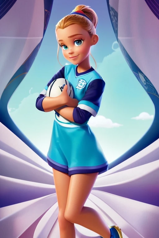 Générez une affiche de style Disney PIXAR avec animé. Elle est une joueuse de football de avec une structure physique mince, yeux bleus, cheveux long et sourcils fin. Elle porte le maillot du Maroc.. His jersey number is 10. L'affiche doit contenir les mots "MADELAINE" Model, attractif, The marocan way, 4k, Ultrarealistic, cartoon