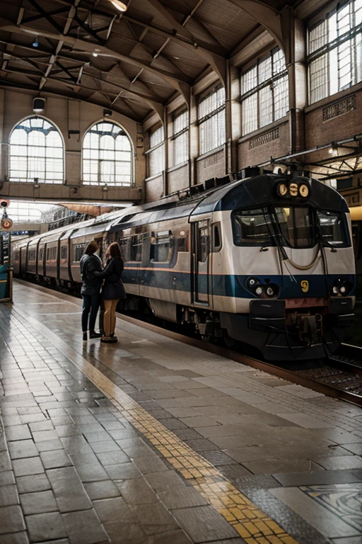 Create a scenography of a train station with a person at that station, image with a train and a person at the train station 