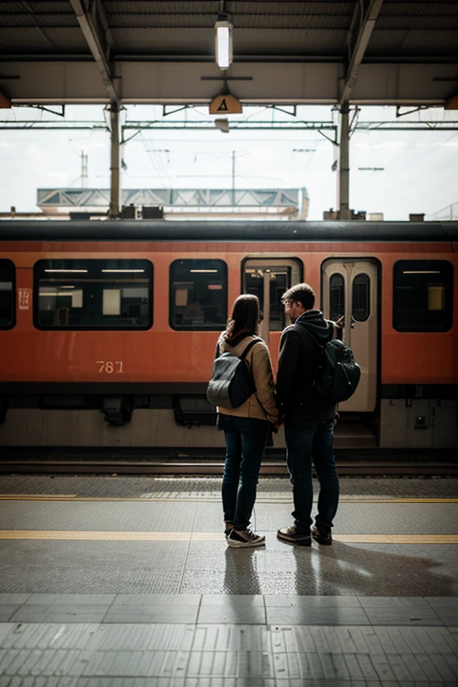 Create a scenography of a train station with a person at that station, image with a train and a person at the train station 