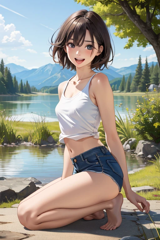 (masterpiece:1.3, top-quality, ultra high res, ultra detailed), (realistic, photorealistic:1.4), beautiful illustration, perfect lighting, natural lighting, colorful, depth of fields, surrealism, 
beautiful detailed hair, beautiful detailed face, beautiful detailed eyes, beautiful clavicle, beautiful body, beautiful chest, beautiful thigh, beautiful legs, beautiful fingers, Accurate 5 fingers、
looking at viewer, cowboy shot, Photo from the side、
1 girl, japanese, 25 years old, perfect face, (perfect anatomy, anatomically correct), cute symmetrical face, shiny skin、
(short hair, light brown hair), hair between eyes, Shining light blue eyes, long eyelash, medium breasts:0.5, 
t-shirt,, barefoot、midriff peek:0.3、
(beautiful scenery), (outdoors),lake、 kneeling,
 (lovely smile, upper eyes, open mouth small), 