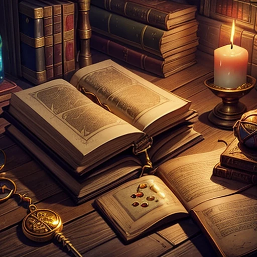 Cozy mage cariage interior with  candles and old open grimoires. Potions and treasures, magic crystals , gold coins, keys