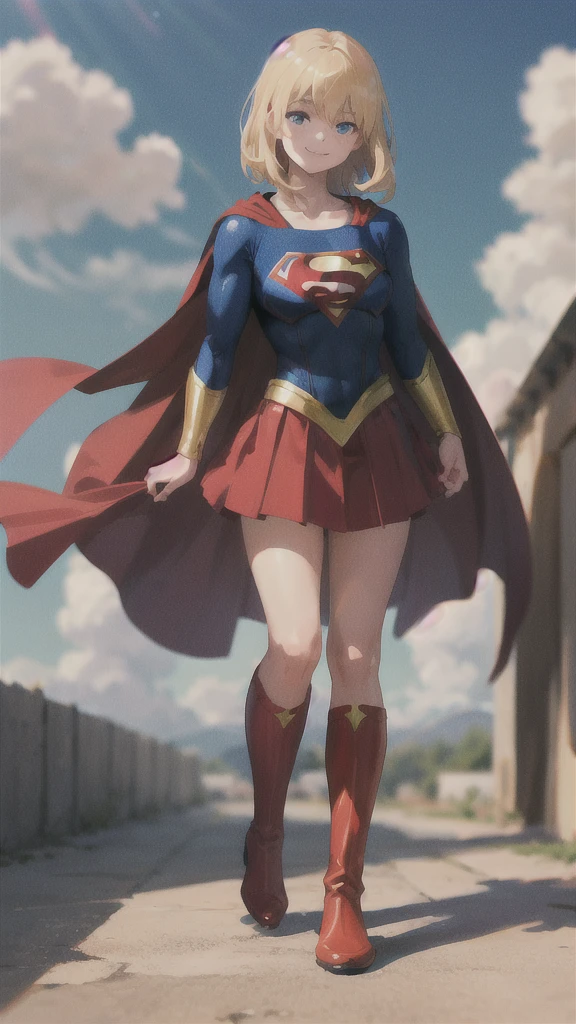 masterpiece, 4K, 8k, high quality, Very detailed, Detailed face, High resolution, Vibrant colors, Natural light, Best Shadow, Shallow depth of field, Portraiture (Supergirl:1.1) Standing on the roof, smile, Red Skirt, Red Cape, red boots with heels, delicate, Captivating blue eyes, Nice medium sized breasts, blonde, (Superman symbol on chest:1.2), barefoot, blue sky, sunlight, cloud, sun, bloom,