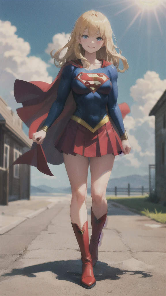 masterpiece, 4K, 8k, high quality, Very detailed, Detailed face, High resolution, Vibrant colors, Natural light, Best Shadow, Shallow depth of field, Portraiture (Supergirl:1.1) Standing on the roof, smile, Red Skirt, Red Cape, red boots with heels, delicate, Captivating blue eyes, Nice medium sized breasts, blonde, (Superman symbol on chest:1.2), barefoot, blue sky, sunlight, cloud, sun, bloom,