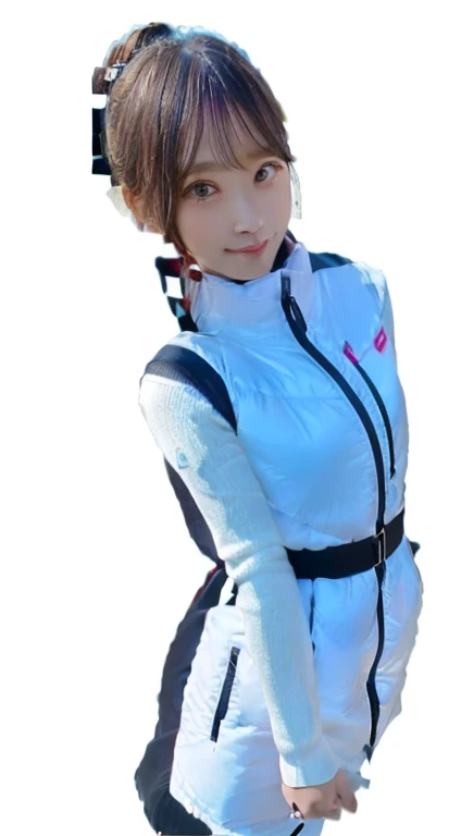 An innocent 20-year-old girl、((White tank top, Dramatic Pose)),smile,shortcut,natural Park、RAW Photos, (8k、highest quality、masterpiece:1.2)、(Intricate details:1.4)、(Photorealistic:1.4)、Octane Rendering、Complex 3D rendering with ultra-detail, Studio Soft Light, Rim Light, Vivid details, Super Detail, Realistic skin texture, Detailed aspect, Beautiful details in the eyes, Highly detailed CG Unity 16k wallpaper, compensate, (Detailed Background:1.2), Glowing Skin, whole body、(astrovest):2,(black long sleeves):5,((Standing with hands behind back、Leaning forward、Angle from above))