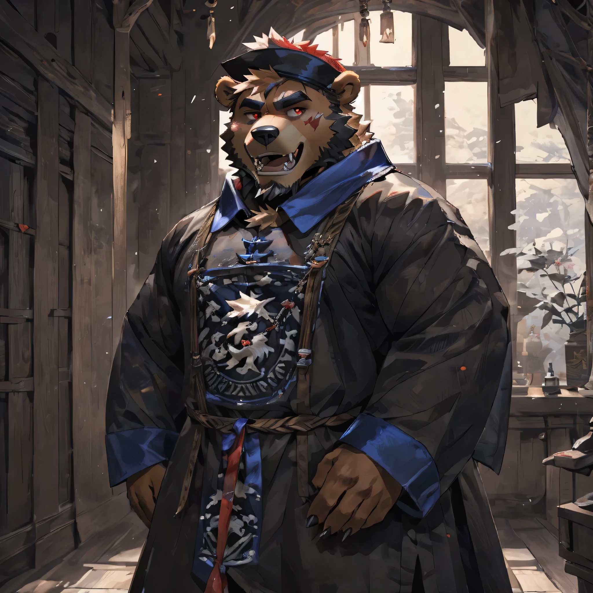 human nature, cannon, male, solitary, ((Round Face, thick beard)), ((Handsome)), (jiangshicostume:1.3), ((Brown Bear) Fluffy fur, Fluffy),blood-red eyes, fangs, razor-sharpteeth, long fingernails, nail polish,open mouth,high quality,Bokeh, (high quality, high resolution, masterpiece), Front view (close up),by lindong,
