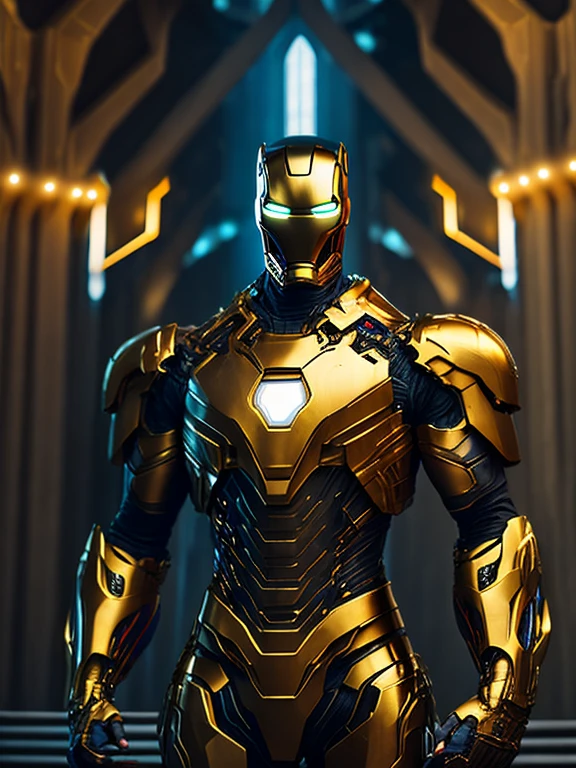 grim portrait of Gold Iron Man from Marvel Comics with intricate angular cybernetic implants inside a brutalist building, gothic brutalist cathedral, cyberpunk, award-winning photo, bokeh, neon lights, cybernetic limb