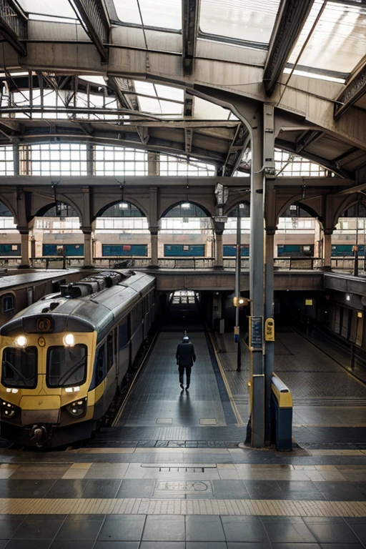 Image of train station with 1 person walking through the train station and train passing in the background of the image, detail scenery like old train station 