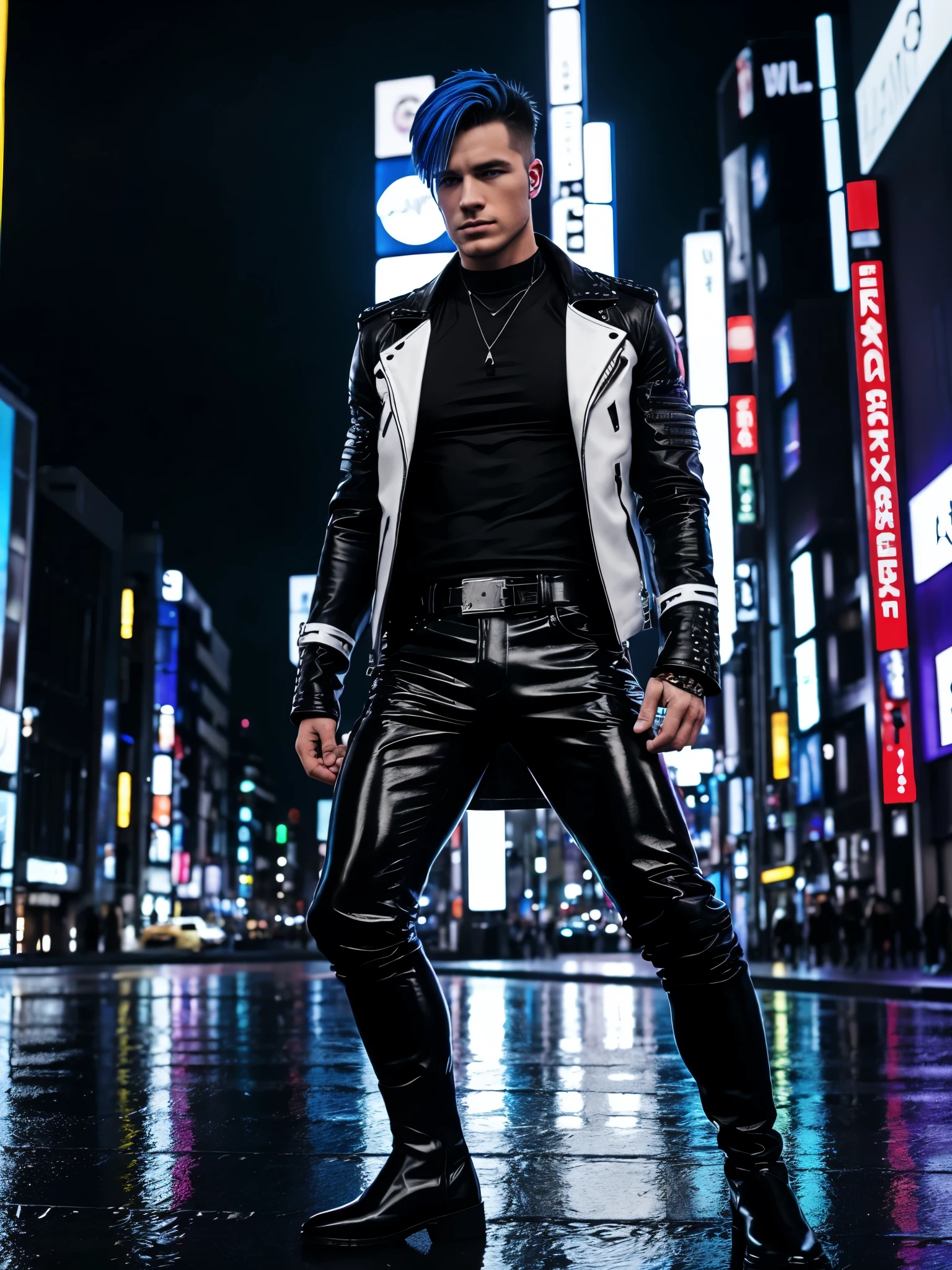 (best quality), (detailed), white male, muscular, galaxy hair, blue eyes, black and white leather jacket, black shirt, black and white leather pants, black boots, rainbow magic aura on his hands, night rain shibuya tokyo background