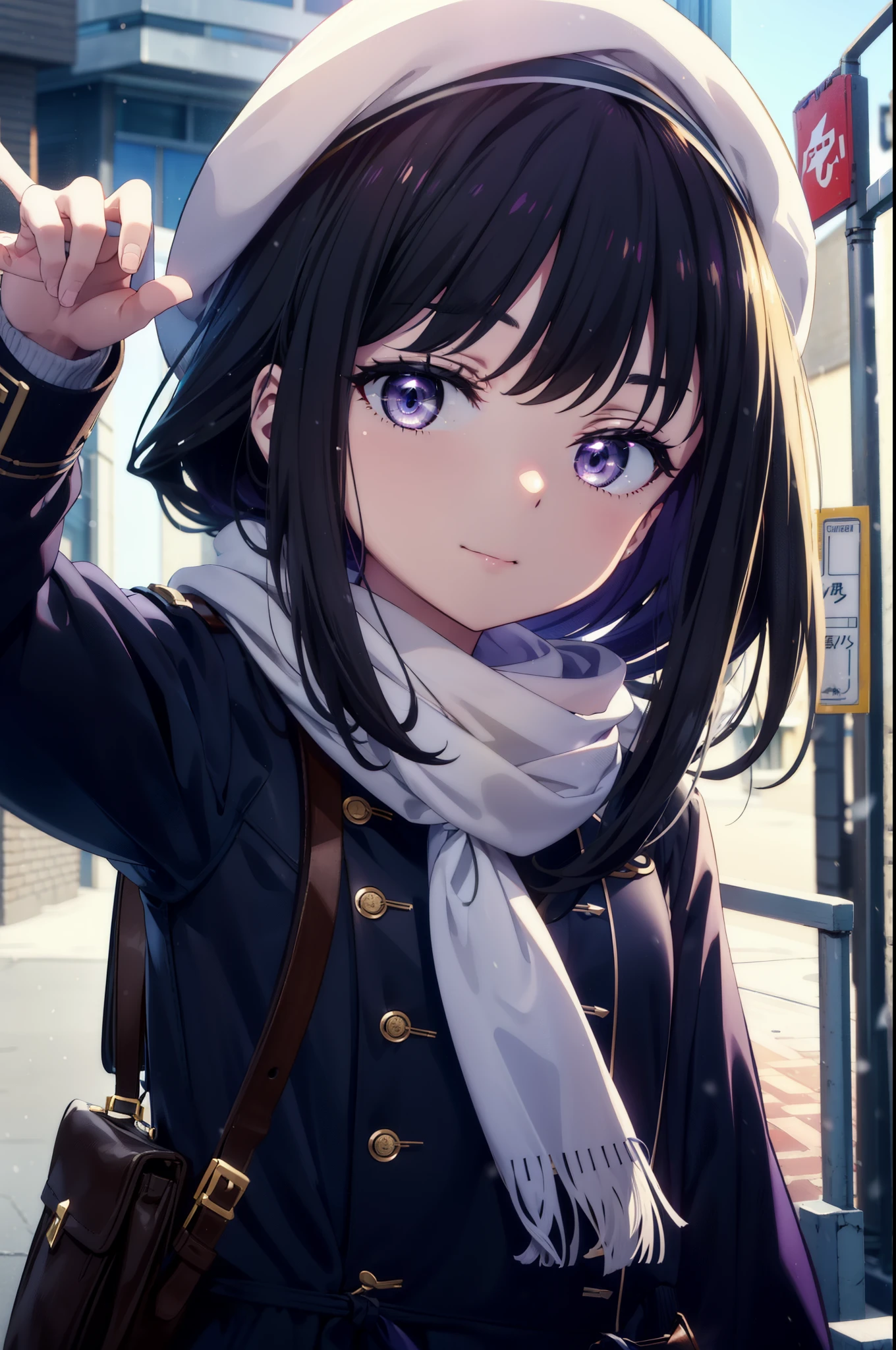 Takiuchi, Inoue Check, Long Hair, bangs, Black Hair, (Purple eyes:1.2),happy smile, smile, Open your mouth,White knit hat,Blue oversized coat,White scarf,White Sweater,Put your hands in your coat pockets,Long skirt,Black pantyhose,short boots,Shirogane World,Snow is piling up,Snow is falling,it's snowing,winter,Cold Sky,morning,morning陽,The sun is rising,
break looking at viewer, whole body, Upper Body,(Cowboy Shot:1. 5)
break outdoors, In town,Building district,
break (masterpiece:1.2), highest qualそれy, High resolution, unそれy 8k wallpaper, (shape:0.8), (Beautiful and beautiful eyes:1.6), Highly detailed face, Perfect lighting, Highly detailed CG, (Perfect hands, Perfect Anatomy),