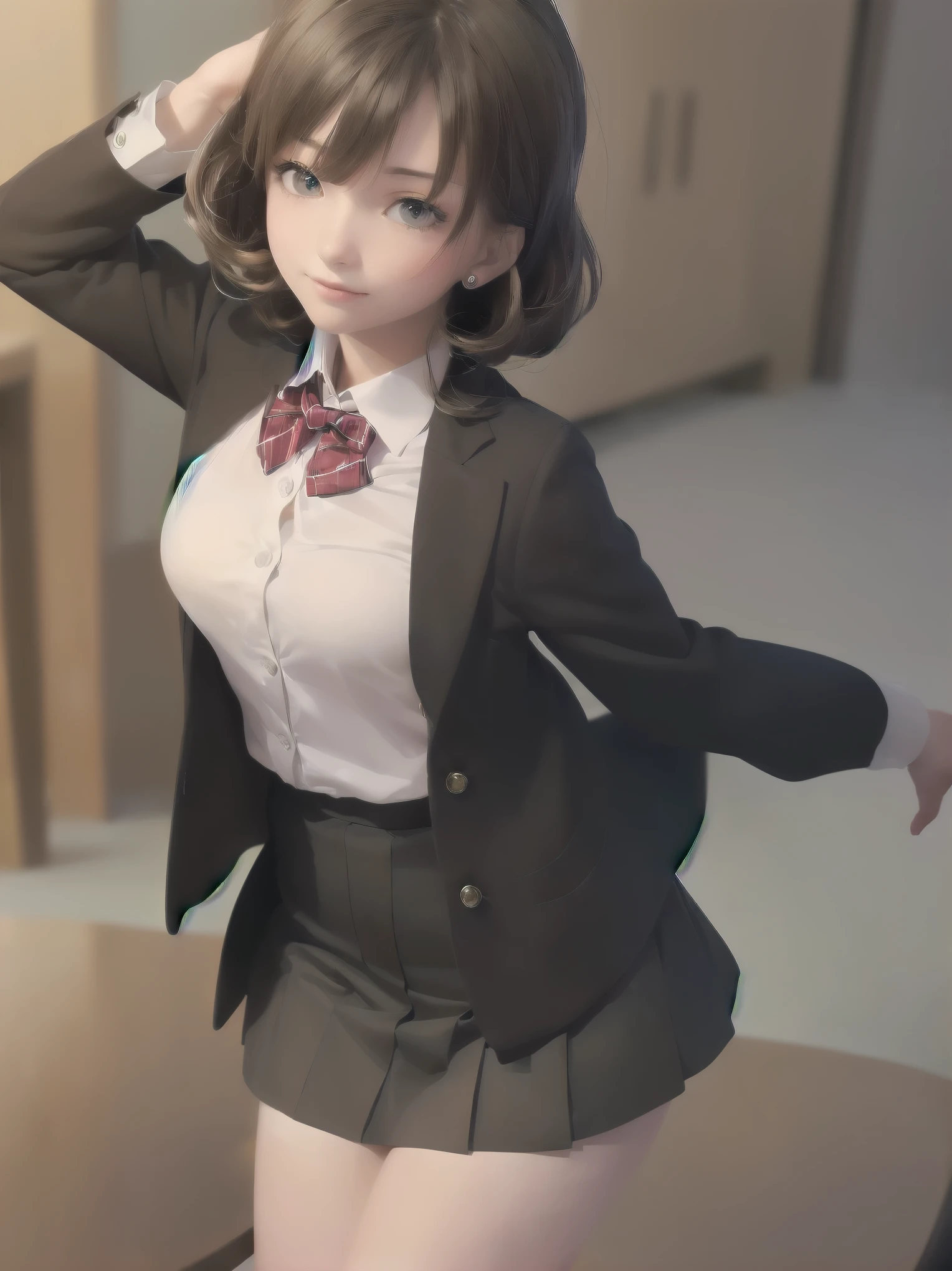 ((Tabletop, highest quality, High resolution, Perfect Pixel, Depth of written boundary, 4K))), One Girl, single, alone, Beautiful Anime Girls, Beautiful art style, Anime characters, ((Long Hair, bangs, Dark brown hair, Curly Hair:0.8)), ((Green Eyes:1.4, Fine grain, Beautiful Eyes, Perfect Eyes,Curled eyelashes, Realistic eyes)), ((Detailed face, Blushing:1.2)), ((Smooth texture:0.75, Realistic texture:0.5, Anime CG Style)), Medium chest, Dynamic Angle, Big Breasts, Perfect body, Dynamic pose, ((Red bow tie, , Black jacket, Open jacket, Brown cardigan, White shirt, Black Skirt, Checked skirt)), smile, Open your mouth, Put your arms behind your back, Leaning forward, Amalment Park