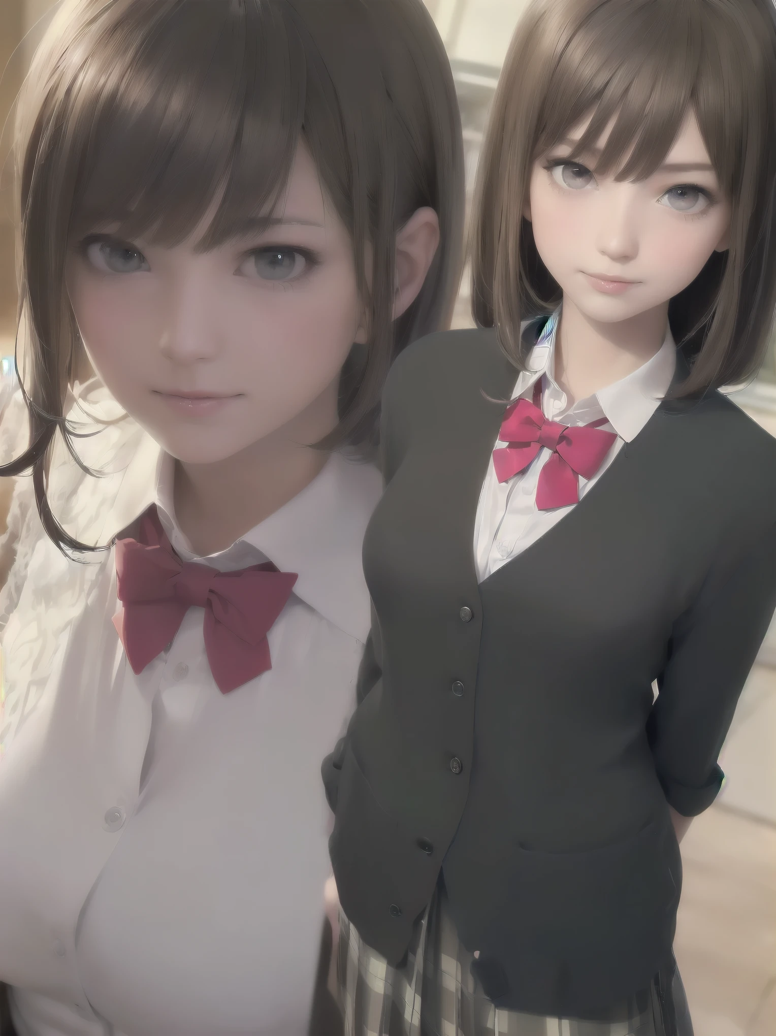 ((Tabletop, highest quality, High resolution, Perfect Pixel, Depth of written boundary, 4K))), One Girl, single, alone, Beautiful Anime Girls, Beautiful art style, Anime characters, ((Long Hair, bangs, Dark brown hair, Curly Hair:0.8)), ((Green Eyes:1.4, Fine grain, Beautiful Eyes, Perfect Eyes,Curled eyelashes, Realistic eyes)), ((Detailed face, Blushing:1.2)), ((Smooth texture:0.75, Realistic texture:0.5, Anime CG Style)), Medium chest, Dynamic Angle, Big Breasts, Perfect body, Dynamic pose, ((Red bow tie, , Black jacket, Open jacket, Brown cardigan, White shirt, Black Skirt, Checked skirt)), smile, Open your mouth, Put your arms behind your back, Leaning forward, Amalment Park
