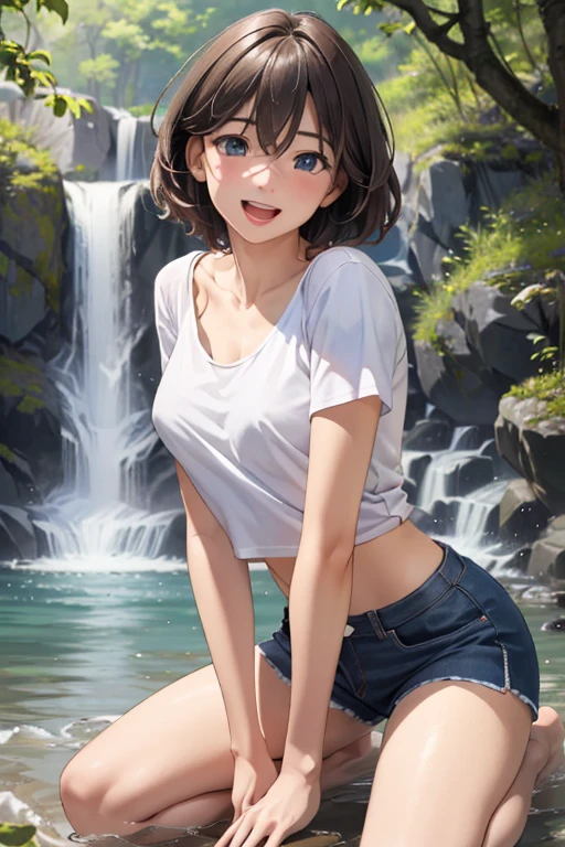(masterpiece:1.3, top-quality, ultra high res, ultra detailed), (realistic, photorealistic:1.4), beautiful illustration, perfect lighting, natural lighting, colorful, depth of fields, surrealism,
beautiful detailed hair, beautiful detailed face, beautiful detailed eyes, beautiful clavicle, beautiful body, beautiful chest, beautiful thigh, beautiful legs, beautiful fingers, Accurate 5 fingers、
looking at viewer, cowboy shot, Photo from the side、
1 girl, japanese, 25 years old, perfect face, (perfect anatomy, anatomically correct), cute symmetrical face, shiny skin、
(short hair, light brown hair), hair between eyes, Shining light blue eyes, long eyelash, large breasts:0.5,
t-shirt,, barefoot、midriff peek:0.3、
(beautiful scenery), (outdoors),waterfall、splash、 kneeling,
(lovely smile, upper eyes, open mouth small),