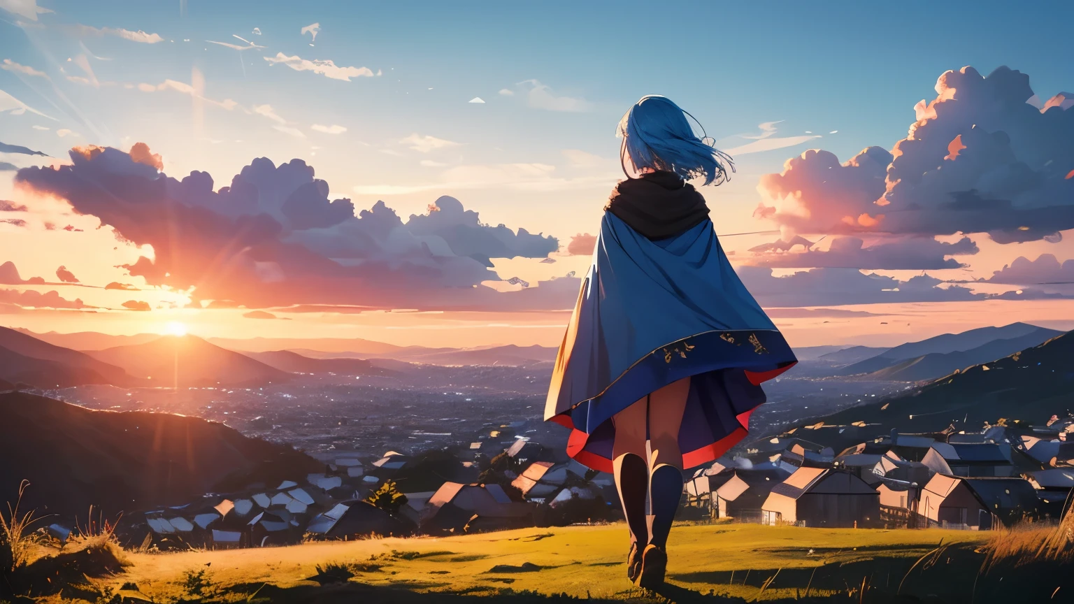 A blue hair wanderer wearing cape standing watching village and hill in a sunset