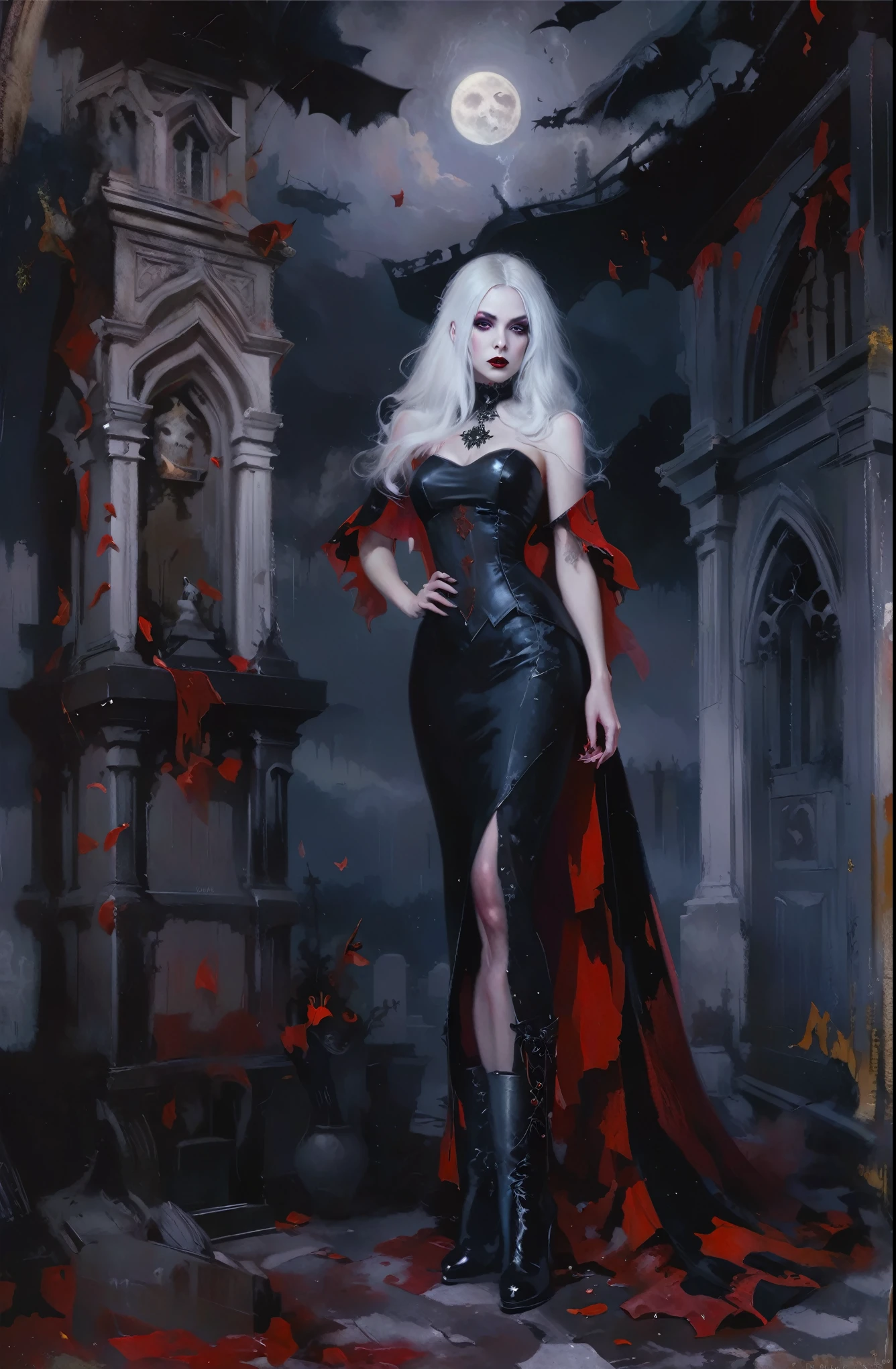 painting of a woman in a black dress and red cape standing in a cemetery, gothic fantasy art, dark fantasy style art, beautiful vampire female queen, vampire fashion, beautiful vampire queen, artstyle tom bagshaw, gothic art style, wlop |, neo-gothic concept, alexandra fomina artstation, gothic art, gothic maiden, portrait of a lady vampire