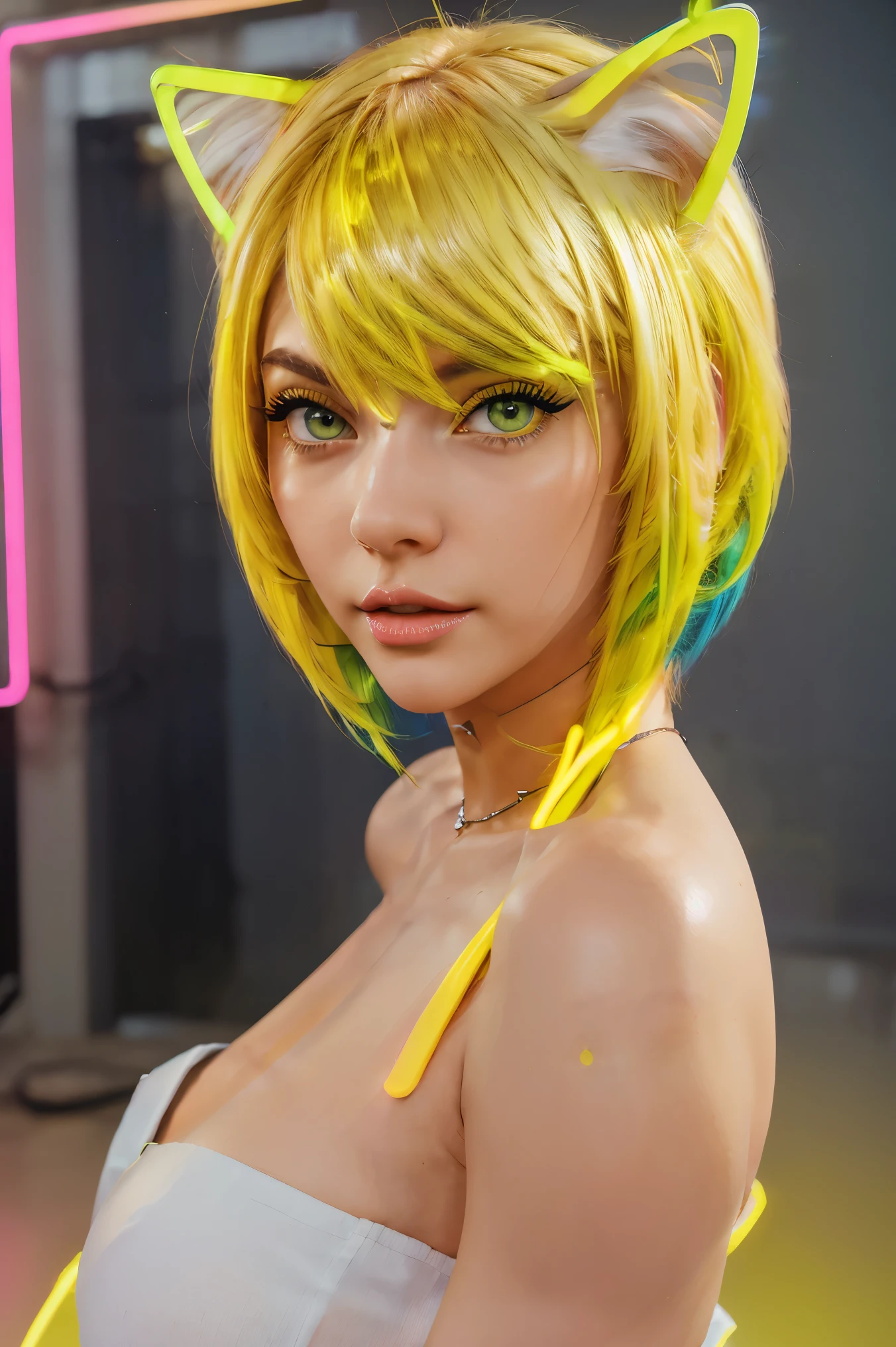 masterpiece, highest quality, 4K, Photorealistic, bokeh, enlightenment,beautiful woman 35 years old, short shoulder length hair (bob), pale white skin (highly detailed), bright blue eyes, perfect body, makeup, red lips. (A fascinating eye for perfect detail:1.2), colorful hair, (gradient hair), (neon yellow hair:1.6), (Cat ear:1.2), fantasy background, (exposed bare shoulders), (long-term alienation sleeve), (lean forward a little), head tilt, movie lighting, oversized clothes, (seductive pose:1.4), (neon yellow background:1.6), green beautiful eyes, close up,