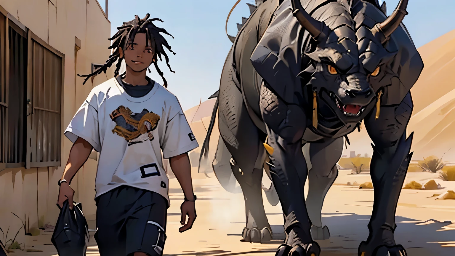 An African boy in normal age clothes with small dreadlocks black skin walking in the African desert meets a large black dragon standing, garoto com rosto perfeito, rosto perfeito, ((melhor qualidade)), ((obra de arte))