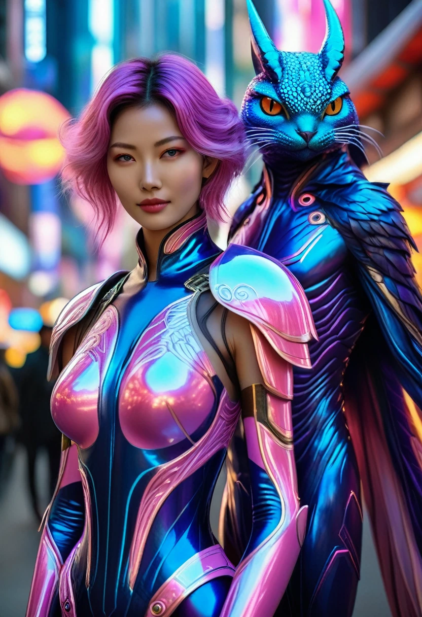 (best quality,4k,highres),(realistic,photorealistic:1.37),(Yoshitaka Amano style:1.1) A woman and her guardian familiar, mystical creature,otherworldly being,enchanting companions,wearing stylish futuristic clothes,inspired by Phantasy Star Online, graceful poses, (The woman is the central focus, with her eyes brightly colored and her facial features elegantly detailed, adding to her allure. Dressed in cyborg suit with a stylish futuristic coat.), (She is accompanied by a guardian, a mystical humanoid with exquisite anatomical features. The humanoid's presence adds a sense of wonder and magic to the scene.), (The woman and her companion stand in a vibrant and bustling city, a modern metropolis with bustling streets, and vibrant signs. The colors are vibrant, with a mixture of blues, purples, and pinks creating a dreamlike atmosphere.), (The lighting is soft but illuminating, casting a gentle glow on both the woman and the creature.), (The overall composition has a realistic and photorealistic quality, capturing the essence of the scene in intricate detail.), (The art style is inspired by Yoshitaka Amano, known for his ethereal and otherworldly illustrations. The combination of realistic elements with the artist's unique style creates a captivating and visually stunning image.)