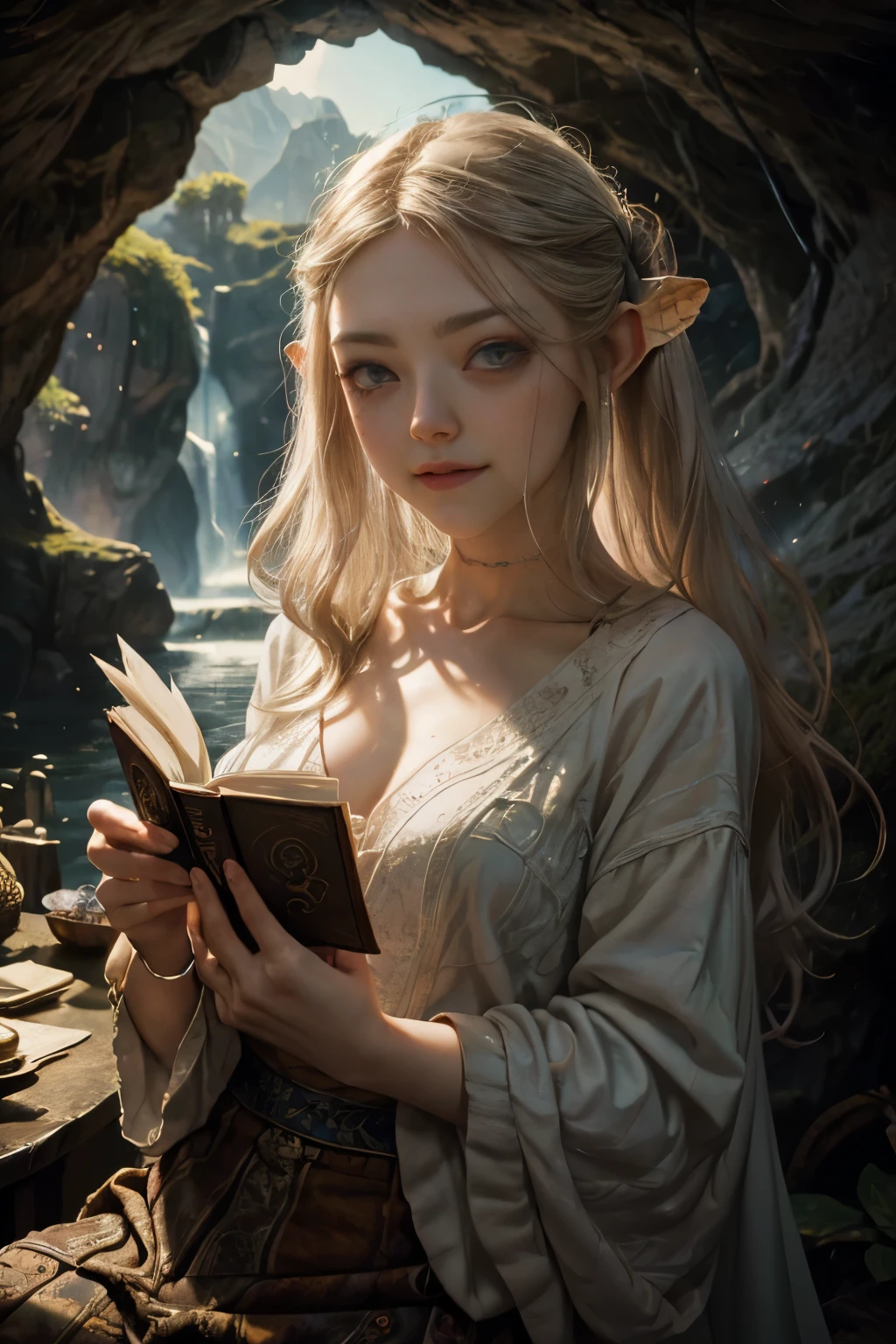 "Oil painting, ((dreamy)) girl ((Amanda Seyfried)), super light brunette hair, reading ancient books, warm light ((inside a mystical hobbit cave)), magical atmosphere, whimsical clock, enchanting, cozy, detailed" High detail RAW colored art, young, smile, blond hair , cyan eyes, white pale skin, , portrait, hobbit ears, (shy), mystical, elegant, gorgeous face, hobbit clothes, (detailed skin, skin texture), hobbit, magical atmosphere, (muscle), (detailed skin,  skin texture), intricate details, fine details, hyperdetailed, ray tracing, subsurface scattering, diffuse soft lighting, shallow depth of field, by (Oliver Wetter) Atey Ghailan, by Jeremy Mann, Greg Manchess, Antonio Moro, trend at ArtStation, trend at CGSociety, Intricate, High Detail, Sharp focus, dramatic and photorealistic painting art by midjourney and greg rutkowski, bokeh in the background,