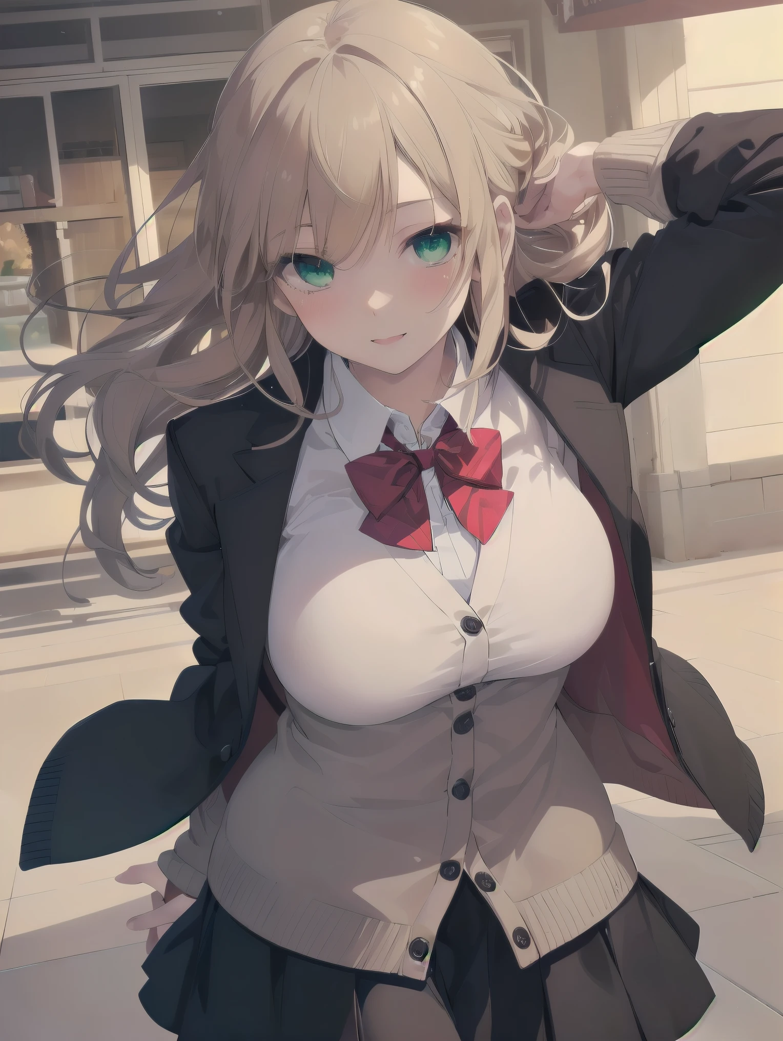 ((Tabletop, highest quality, High resolution, Perfect Pixel, Depth of written boundary, 4K))), One Girl, single, alone, Beautiful Anime Girls, Beautiful art style, Anime characters, ((Long Hair, bangs, Dark brown hair, Curly Hair:0.8)), ((Green Eyes:1.4, Fine grain, Beautiful Eyes, Perfect Eyes,Curled eyelashes, Realistic eyes)), ((Detailed face, Blushing:1.2)), ((Smooth texture:0.75, Realistic texture:0.5, Anime CG Style)), Huge breasts that look like they might explode, Dynamic Angle, Big Breasts, Perfect body, Dynamic pose, ((Red bow tie, , Black jacket, Open jacket, Brown cardigan, White shirt, Black Skirt, Checked skirt)), smile, Open your mouth, Put your arms behind your back, Leaning forward, Amalment Park