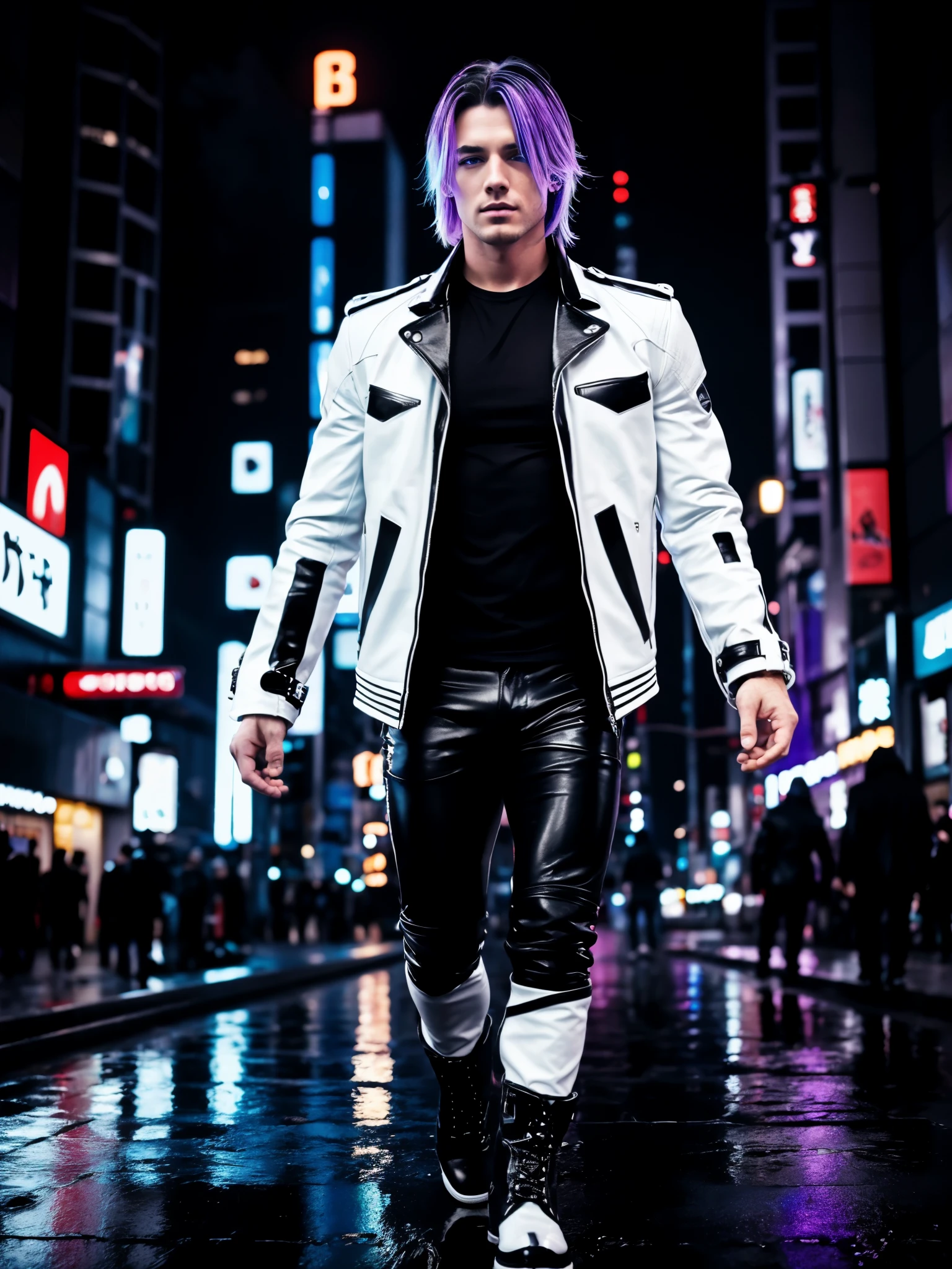 (best quality), (detailed), white male, muscular, galaxy hair, blue eyes, black and white leather jacket, black shirt, black and white leather pants, black boots, infinity magician, rainbow magic aura on his hands, night rain shibuya tokyo background