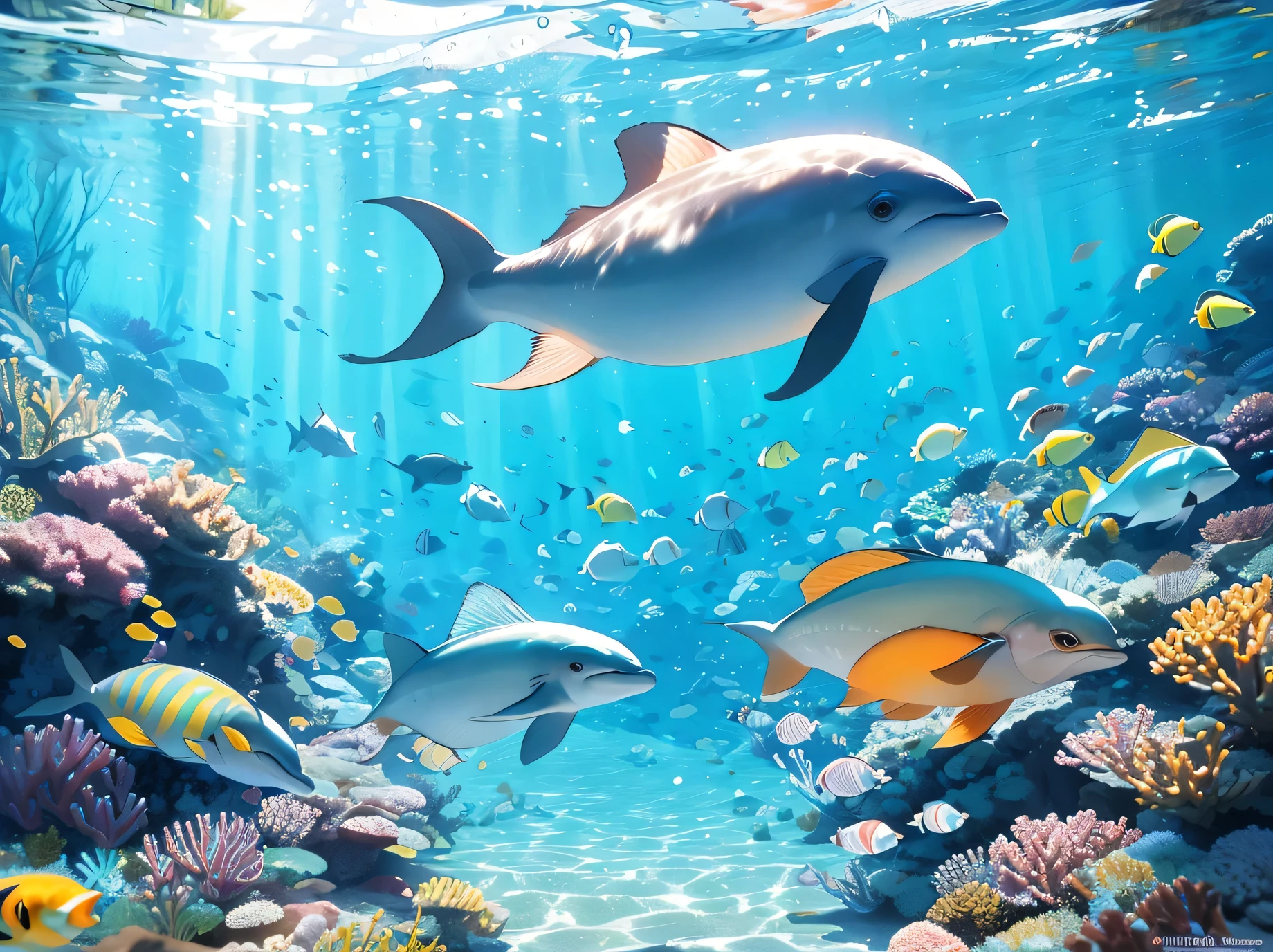 (best quality,4k,8k,highres,masterpiece:1.2),ultra-detailed,(realistic,photorealistic,photo-realistic:1.37) underwater city, vibrant colors, marine life, bubbles, aquatic plants, beautiful, masterpiece, hyper-detailed, hyper-realistic, sunlight piercing through the water, beautiful underwater effect, water reflections, cityscape reflected in the water, sparkling water, crystal clear underwater view, mesmerizing sea creatures, playful dolphins, colorful coral reefs, intricate architecture, lively atmosphere, people swimming and diving, mermaids gracefully swimming, tropical fish in vibrant hues, variety of underwater species, abundance of marine flora, shimmering light rays, peaceful underwater world, tranquility and serenity in the aquatic environment.