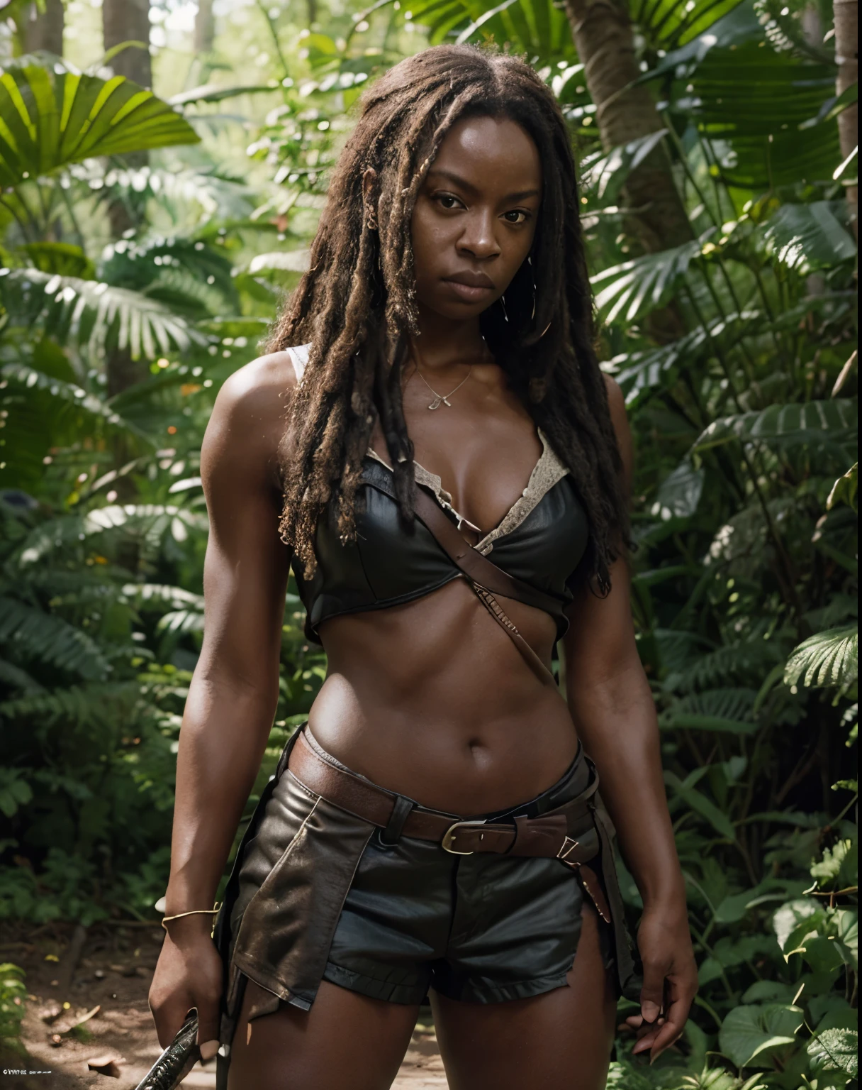 (masterpiece, best quality:1.2), 1girl, solo, photo raw, realistic, detailed, Michonne a black woman holdina a katana sword, is standing in a jungle. She has long, Dreadlock hair , The photo should look like a movie poster and be in HD, 8k, and cinematic, highly detailed. Cinematic Lighting